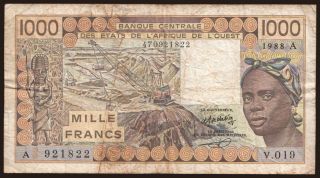 Ivory Coast, 1000 francs, 1988