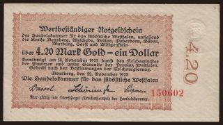 Arnsberg/ Handelskammer für das südöstliche Westfalen, 4.20 Mark Gold, 1923