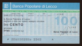 Banca Populare di Lecco, 100 lire, 1977