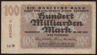 Badische Bank, 100.000.000.000 Mark, 1923
