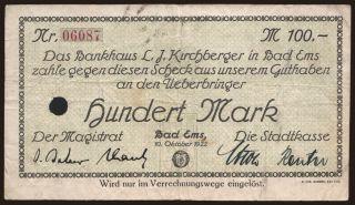 Bad Ems/ Bankhaus L. J. Kirchberger, 100 Mark, 1922