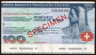 Travellers cheque, Swiss Banks, 100 francs, specimen
