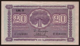 20 markkaa, 1939, Litt. D