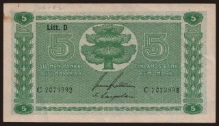 5 markkaa, 1939, Litt. D