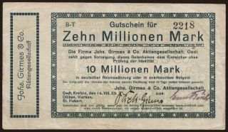 Oedt, St. Hubert/ Johs. Girmes & Co. Aktiengesellschaft, 10.000.000 Mark, 1923