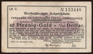 Hof/ Verband Süddeutscher Textil-Arbeitgeber, 42 Pfennig Gold, 1923