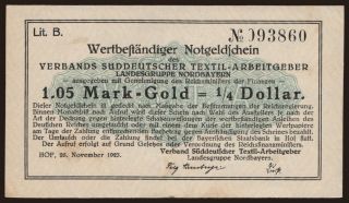 Hof/ Verband Süddeutscher Textil-Arbeitgeber, 1.05 Mark Gold, 1923