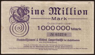 Kaiserslautern/ Baumwollspinnerei & Weberei Lampertsmühle, 1.000.000 Mark, 1923