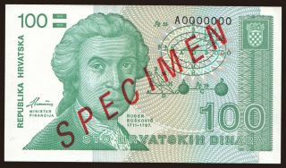 100 dinara, 1991, SPECIMEN
