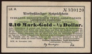 Hof/ Verband Süddeutscher Textil-Arbeitgeber, 2.10 Mark Gold, 1923