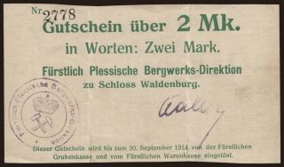 Waldenburg/ Fürstlich Plessische Bergwerks-Direktion, 2 Mark, 1914