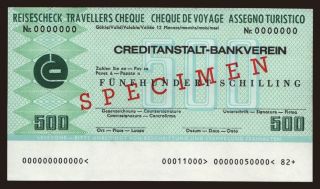 Travellers cheque, Creditanstalt-Bankverein, 500 schiling, specimen