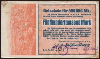 Oos-Baden/ Deutsche Büro-Einrichtungsges. m.b.H., Fabrik Stolzenberg, 500.000 Mark, 1923