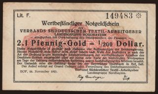 Hof/ Verband Süddeutscher Textil-Arbeitgeber, 2.1 Pfennig Gold, 1923