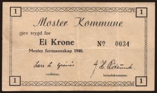 Moster Kommune, 1 krone, 1940