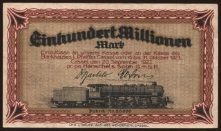 Cassel/ Henschel & Sohn G.m.b.H., 100.000.000 Mark, 1923