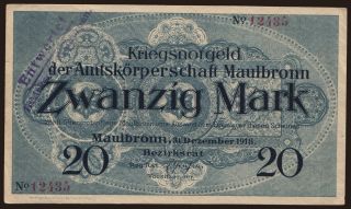 Maulbron/ Amtskörperschaft, 20 Mark, 1918