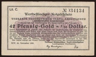 Hof/ Verband Süddeutscher Textil-Arbeitgeber, 42 Pfennig Gold, 1923