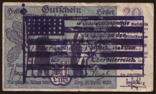 Linz/ Amerikanisch Kinderhilfsaktion, 20 Heller, 1920