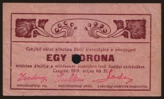 Cegléd, 1 korona, 1919