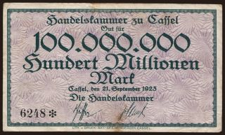 Cassel/ Handelskammer, 100.000.000 Mark, 1923