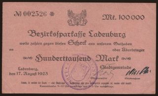 Ladenburg/ Stadtgemeinde, 100.000 Mark, 1923