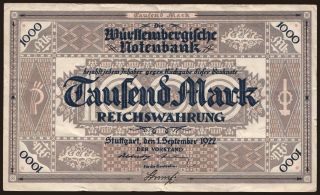 Württembergische Notenbank, 1000 Mark, 1922