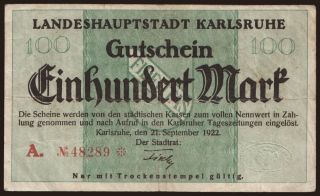 Karlsruhe/ Stadt, 100 Mark, 1922