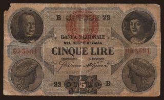 Banca Nazionale Nel Regno D Italia, 5 lire, 1873