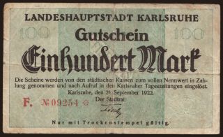 Karlsruhe/ Stadt, 100 Mark, 1922