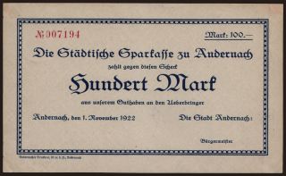 Andernach/ Stadt, 100 Mark, 1922