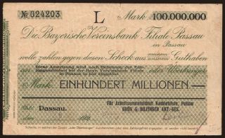 Passau/ Arbeitsgemeinschaft Kachlestufe, Grün & Bilfinger A.G., 100.000.000 Mark, 1923