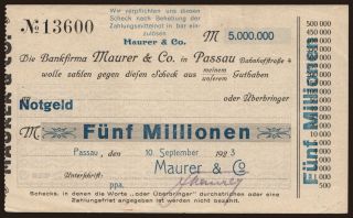 Passau/ Bankfirma Maurer u. Co., 5.000.000 Mark, 1923