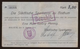 Bochum/ Städtische Sparkasse, 1.5 Mark, 1914