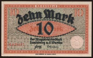 Landsberg a. d. Warthe/ Stadt, 10 Mark, 1918