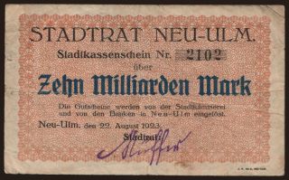 Neu-Ulm/ Stadt, 10.000.000.000 Mark, 1923