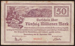 Ravensburg/ Stadt, 50.000.000 Mark, 1923