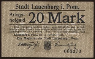Lauenburg/ Stadt, 20 Mark, 1918