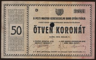 Győr/ Pesti Magyar Kereskedelmi Bank, 50 korona, 1919