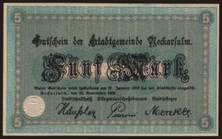 Neckarsulm/ Stadt, 5 Mark, 1918
