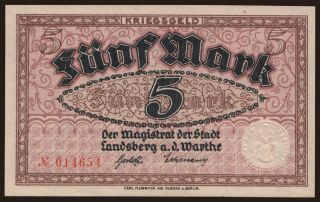 Landsberg a. d. Warthe/ Stadt, 5 Mark, 1918