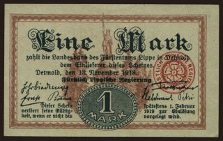 Detmold/ Fürstlich Lippische Regierung, 1 Mark, 1918