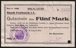 Forbach/ Stadt, 5 Mark, 1914