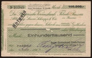 Passau/ Bayerische Vereinsbank Filiale Passau, 100.000 Mark, 1923