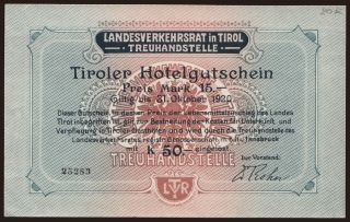 Innsbruck/ Tiroler Hotelgutschein, 15 Mark / 50 Kronen, 1920