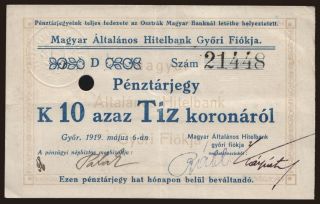 Győr/ Magyar Általános Hitelbank, 10 korona, 1919