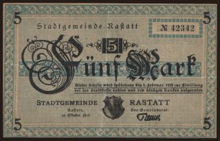 Rastatt/ Stadt, 5 Mark, 1918