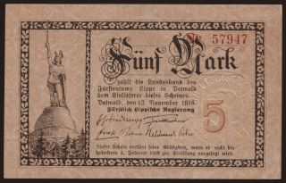 Detmold/ Fürstlich Lippische Regierung, 5 Mark, 1918
