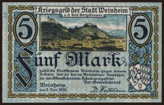 Weinheim/ Stadt, 5 Mark, 1918