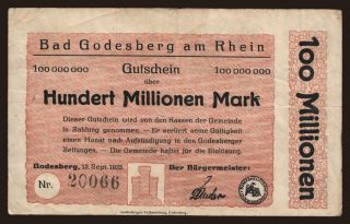 Bad Godesberg/ Gemeinde, 100.000.000 Mark, 1923